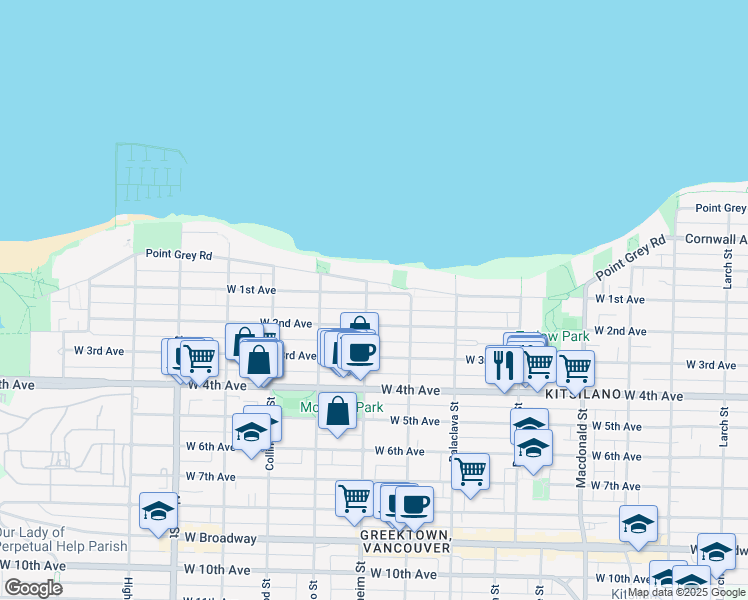 map of restaurants, bars, coffee shops, grocery stores, and more near 3274 West 1st Avenue in Vancouver