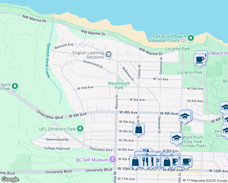 map of restaurants, bars, coffee shops, grocery stores, and more near 1849 Blanca Street in Vancouver