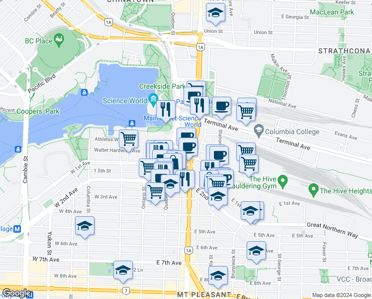 map of restaurants, bars, coffee shops, grocery stores, and more near 303 Switchmen Street in Vancouver