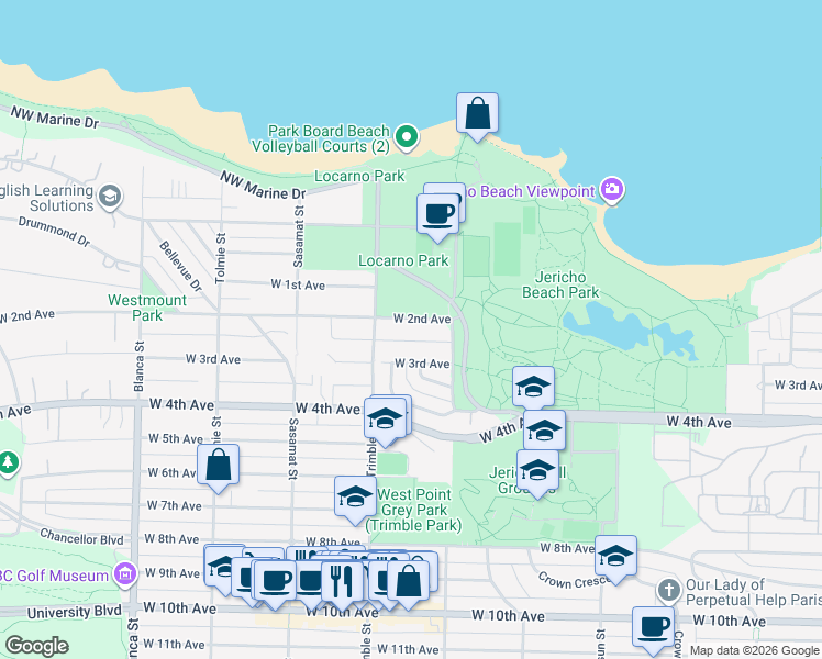 map of restaurants, bars, coffee shops, grocery stores, and more near 4338 West 2nd Avenue in Vancouver