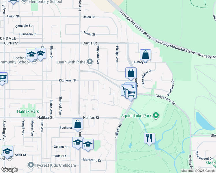 map of restaurants, bars, coffee shops, grocery stores, and more near 1586 Maplehurst Circle in Burnaby