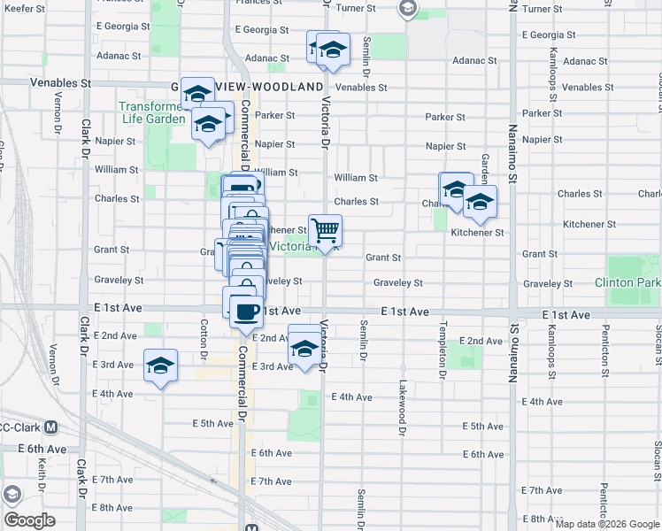 map of restaurants, bars, coffee shops, grocery stores, and more near in Vancouver