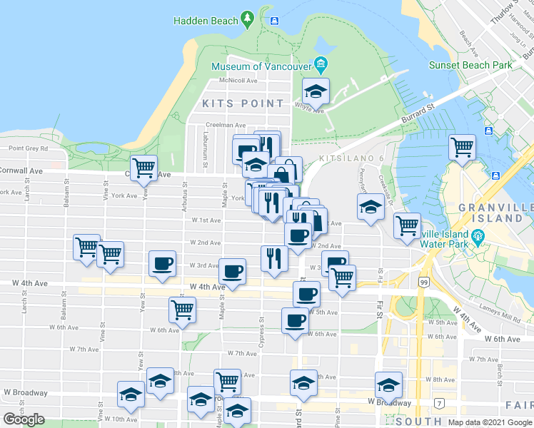 map of restaurants, bars, coffee shops, grocery stores, and more near 1807 West 1st Avenue in Vancouver