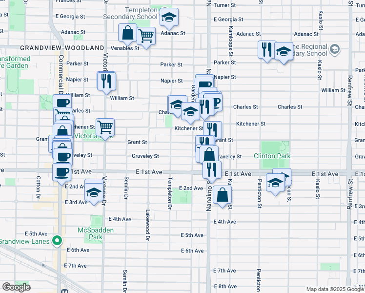 map of restaurants, bars, coffee shops, grocery stores, and more near 2252 Grant Street in Vancouver