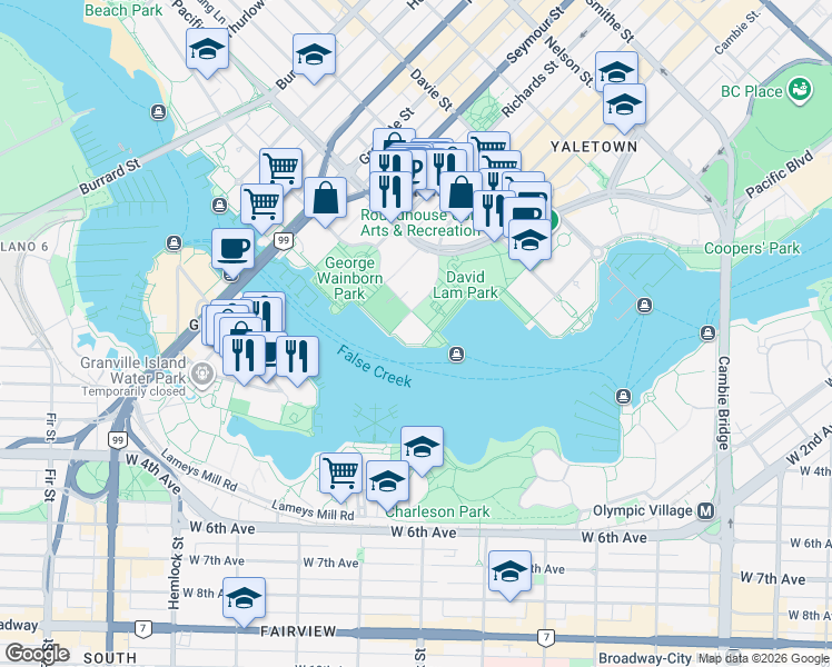 map of restaurants, bars, coffee shops, grocery stores, and more near 1576 Homer Mews in Vancouver