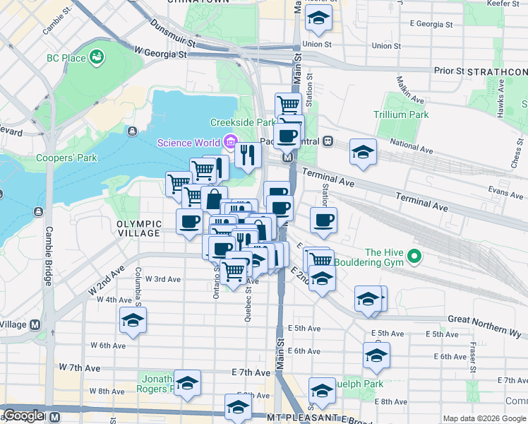 map of restaurants, bars, coffee shops, grocery stores, and more near 110 Switchmen Street in Vancouver
