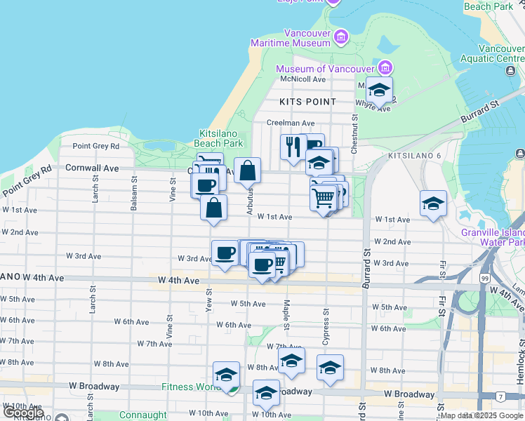 map of restaurants, bars, coffee shops, grocery stores, and more near 2065 West 1st Avenue in Vancouver