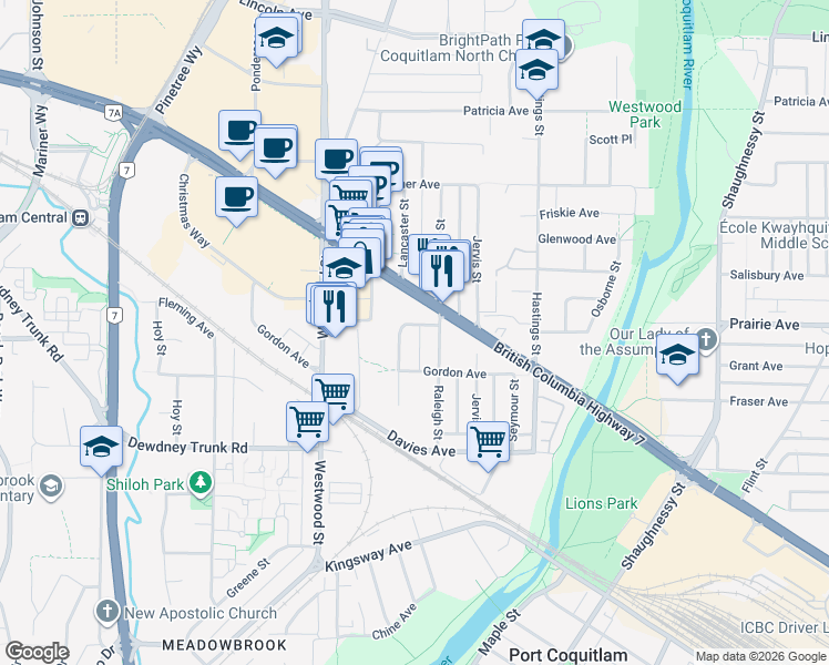map of restaurants, bars, coffee shops, grocery stores, and more near 2622 Shaftsbury Avenue in Port Coquitlam