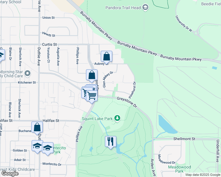 map of restaurants, bars, coffee shops, grocery stores, and more near 1526 Glen Abbey Drive in Burnaby