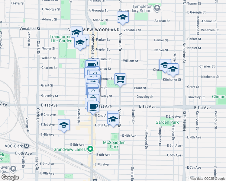 map of restaurants, bars, coffee shops, grocery stores, and more near 1850 Grant Street in Vancouver