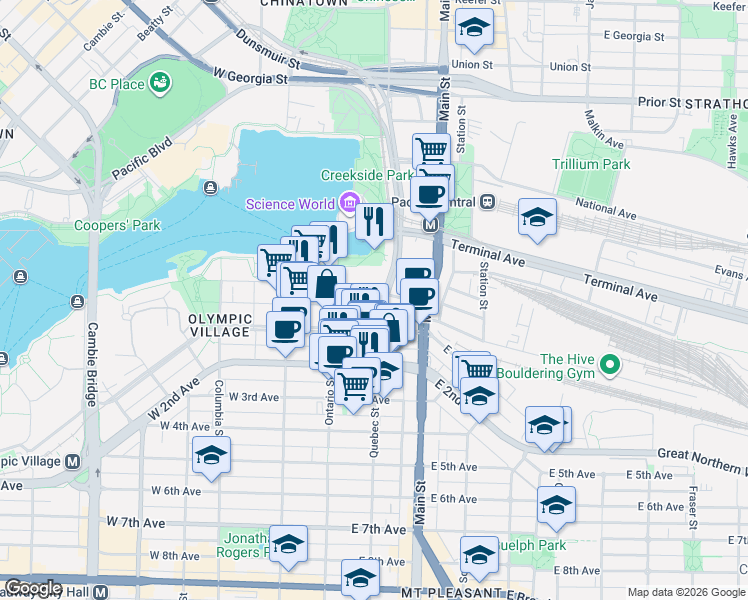 map of restaurants, bars, coffee shops, grocery stores, and more near 1661 Quebec Street in Vancouver