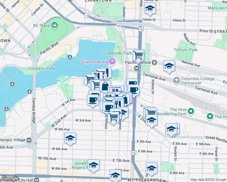map of restaurants, bars, coffee shops, grocery stores, and more near 1678 Pullman Porter Street in Vancouver