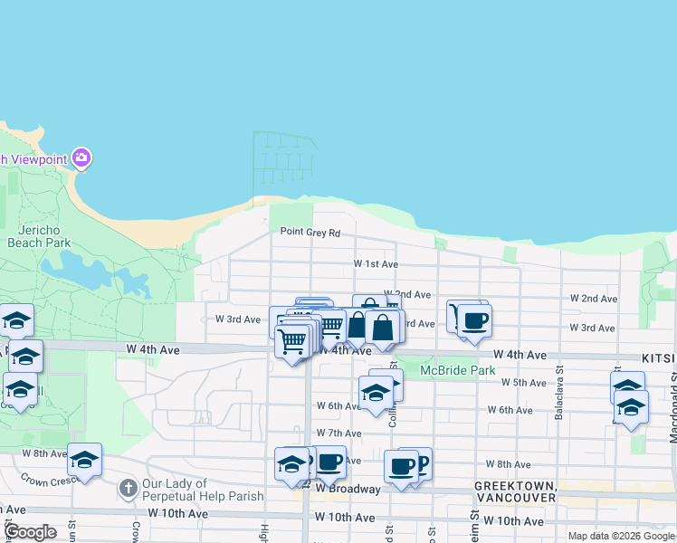 map of restaurants, bars, coffee shops, grocery stores, and more near 3624 West 1st Avenue in Vancouver