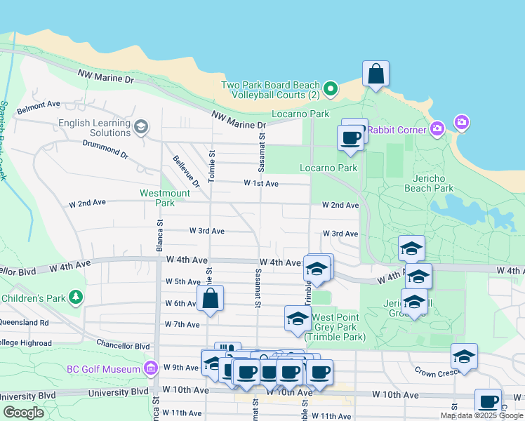 map of restaurants, bars, coffee shops, grocery stores, and more near 1822 Sasamat Street in Vancouver