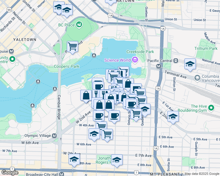map of restaurants, bars, coffee shops, grocery stores, and more near 111 Walter Hardwick Avenue in Vancouver