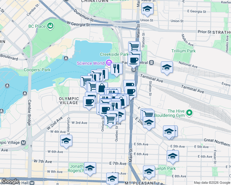 map of restaurants, bars, coffee shops, grocery stores, and more near 1661 Quebec Street in Vancouver