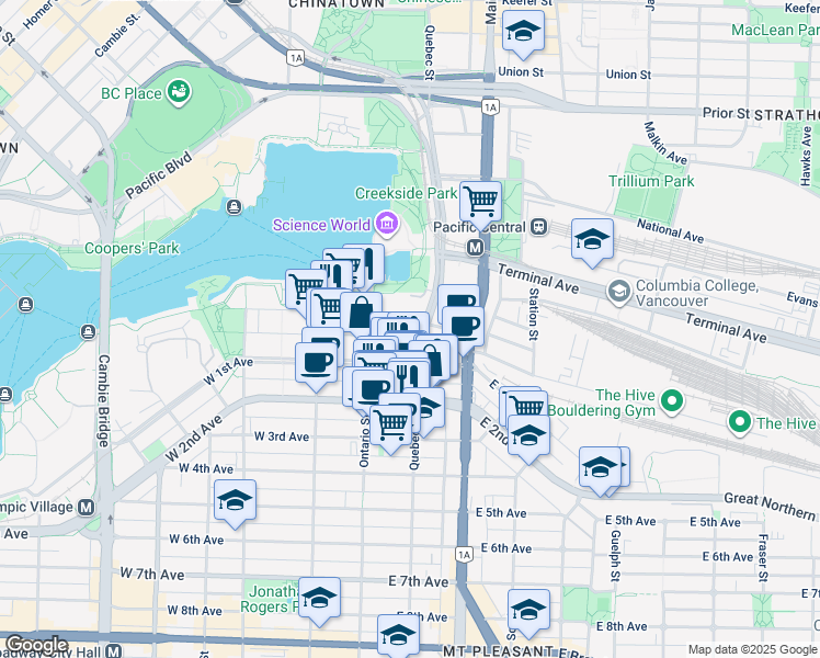 map of restaurants, bars, coffee shops, grocery stores, and more near 1661 Quebec Street in Vancouver