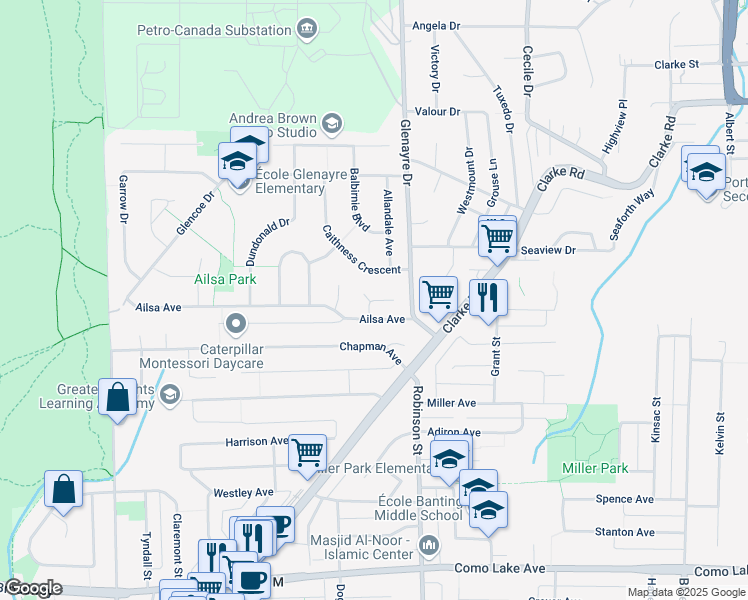 map of restaurants, bars, coffee shops, grocery stores, and more near Ballantrae Court in Port Moody