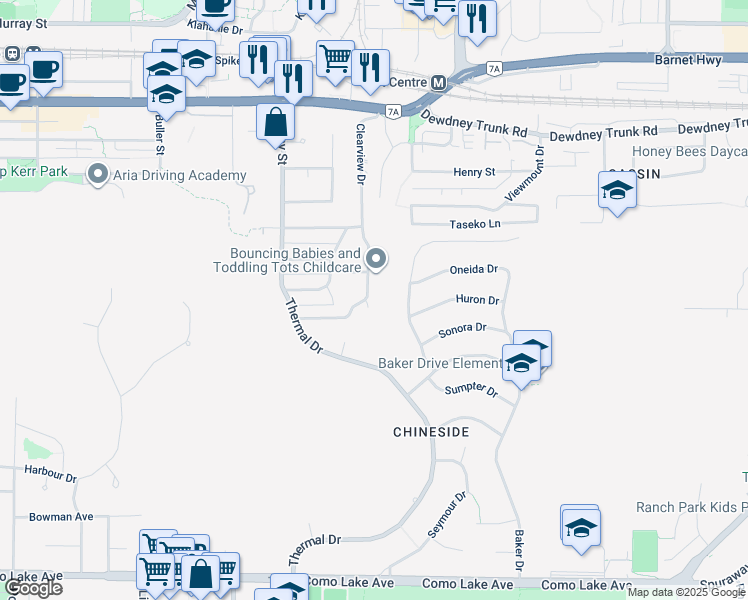 map of restaurants, bars, coffee shops, grocery stores, and more near 2247 Park Crescent in Coquitlam