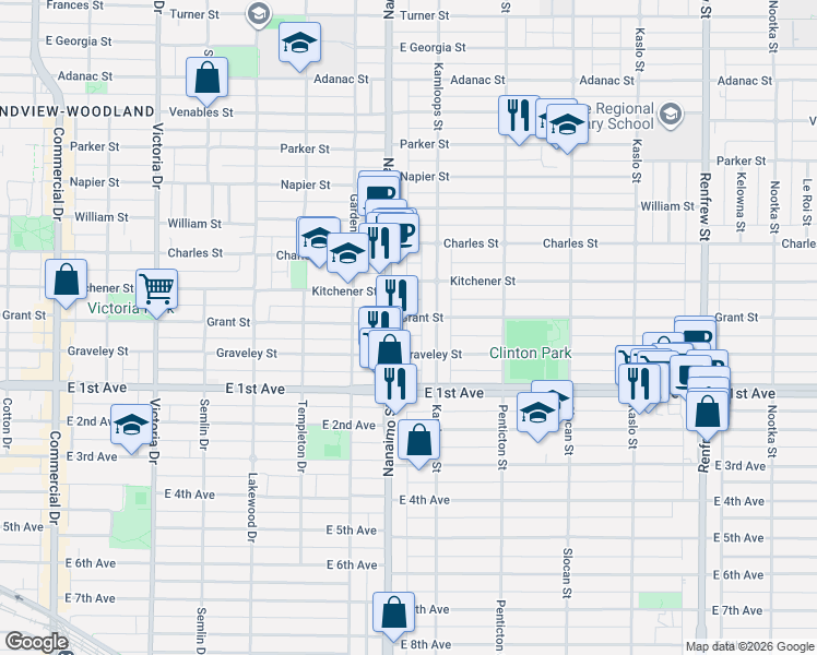 map of restaurants, bars, coffee shops, grocery stores, and more near in Vancouver