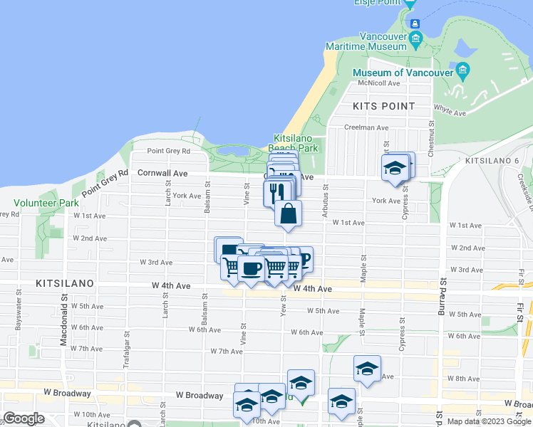 map of restaurants, bars, coffee shops, grocery stores, and more near in Vancouver
