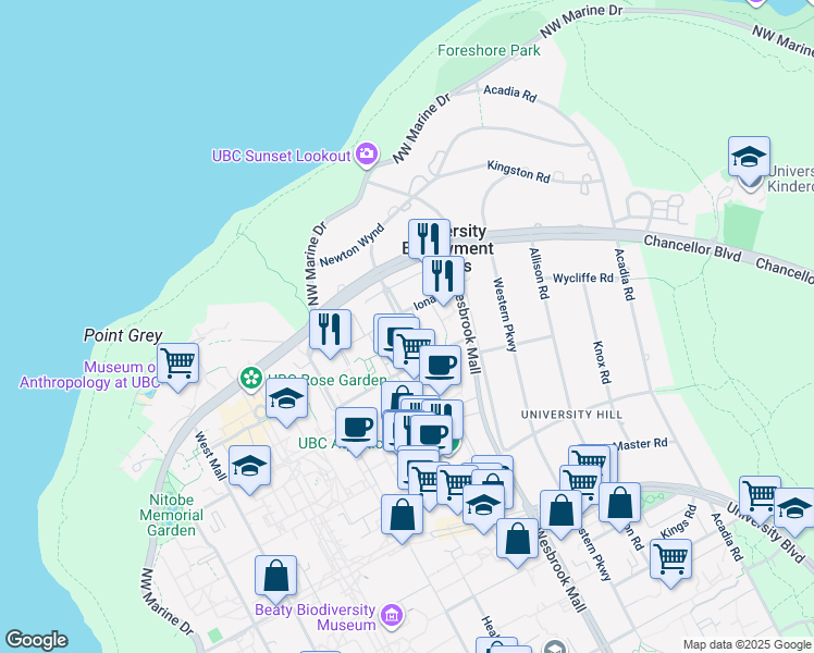 map of restaurants, bars, coffee shops, grocery stores, and more near 6005 Walter Gage Road in Vancouver