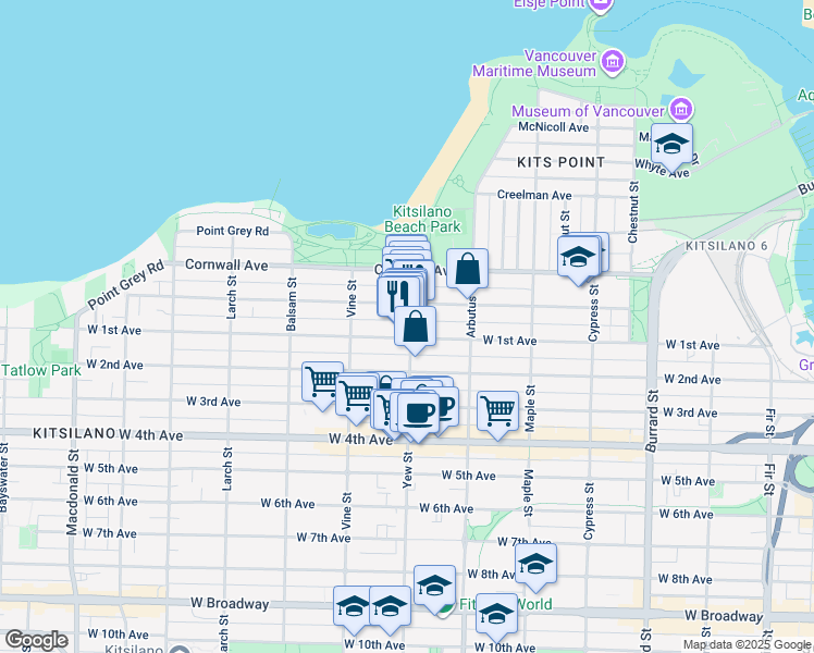 map of restaurants, bars, coffee shops, grocery stores, and more near 1633 Yew Street in Vancouver