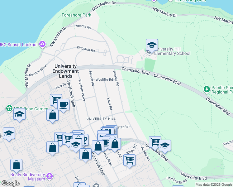 map of restaurants, bars, coffee shops, grocery stores, and more near 1807 Acadia Road in Vancouver