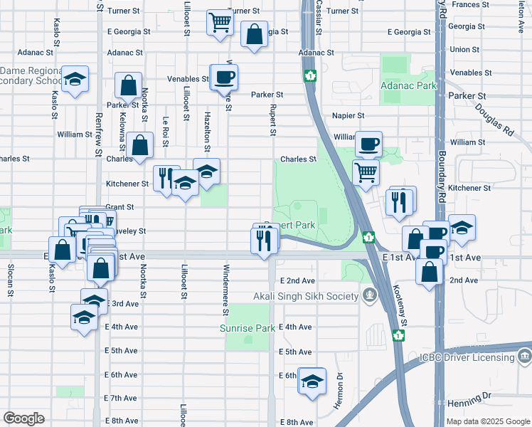 map of restaurants, bars, coffee shops, grocery stores, and more near 1525 Rupert Street in Vancouver