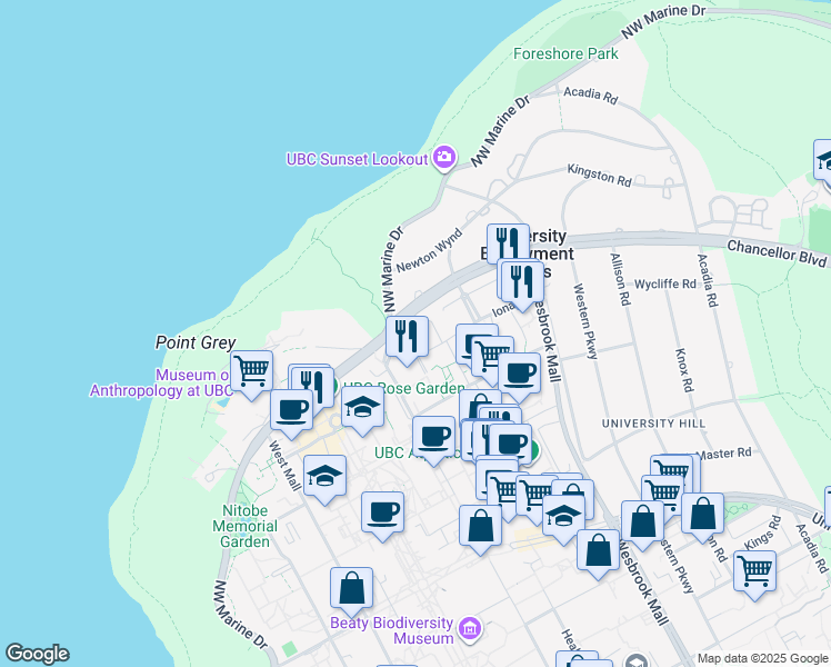 map of restaurants, bars, coffee shops, grocery stores, and more near 6080 Chancellor Mews in Vancouver