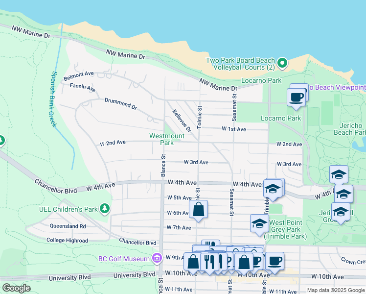 map of restaurants, bars, coffee shops, grocery stores, and more near 4634 West 2nd Avenue in Vancouver