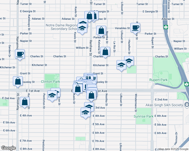map of restaurants, bars, coffee shops, grocery stores, and more near 2920 Grant Street in Vancouver