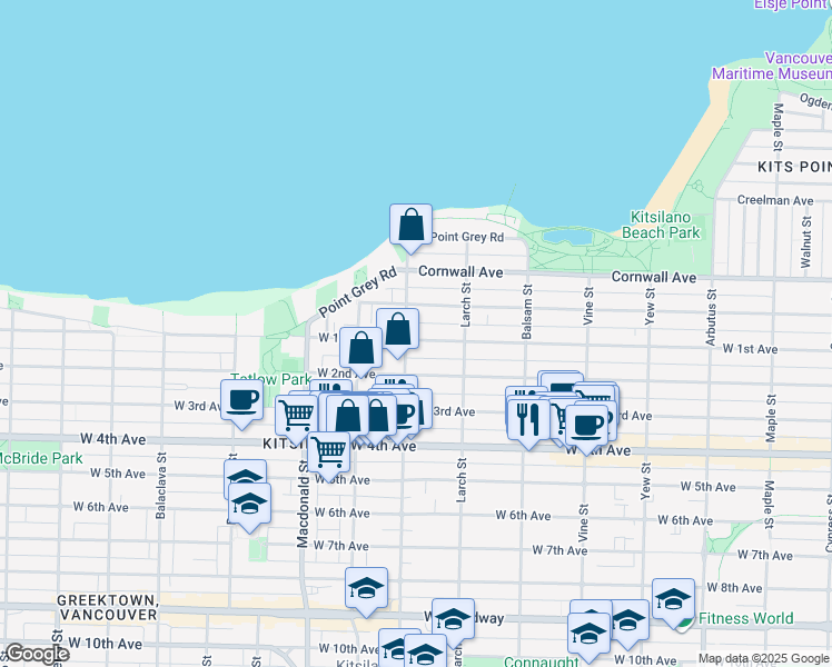 map of restaurants, bars, coffee shops, grocery stores, and more near 2595 West 1st Avenue in Vancouver