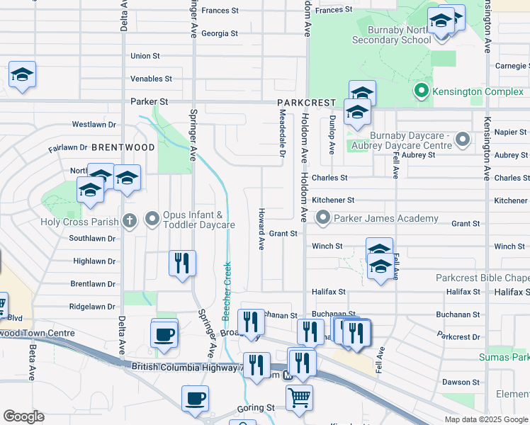 map of restaurants, bars, coffee shops, grocery stores, and more near 1450 Howard Avenue in Burnaby