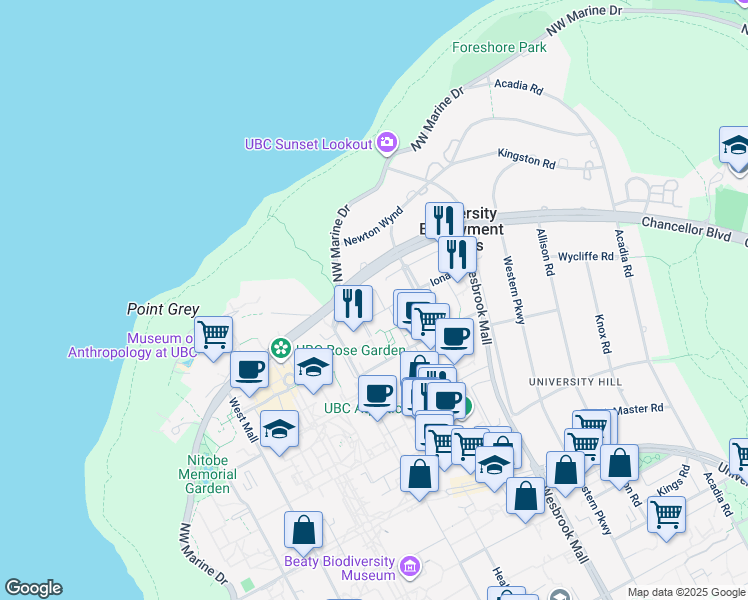 map of restaurants, bars, coffee shops, grocery stores, and more near 6063 Iona Drive in Vancouver