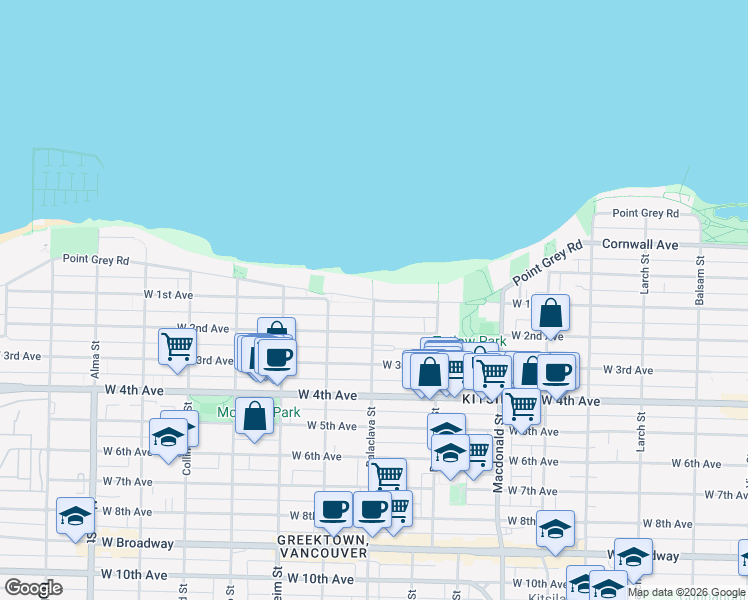 map of restaurants, bars, coffee shops, grocery stores, and more near 1732 Balaclava Street in Vancouver