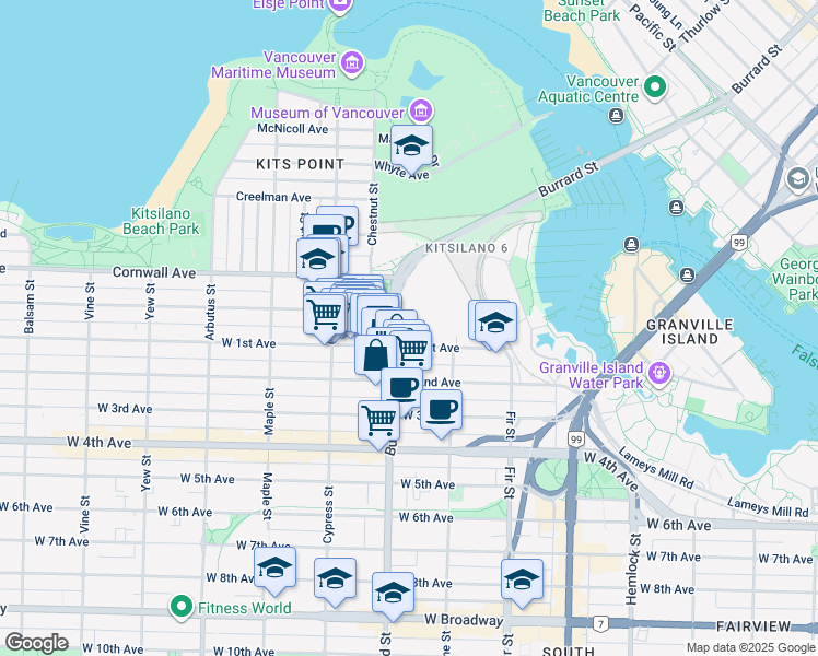 map of restaurants, bars, coffee shops, grocery stores, and more near 1650 Burrard Street in Vancouver