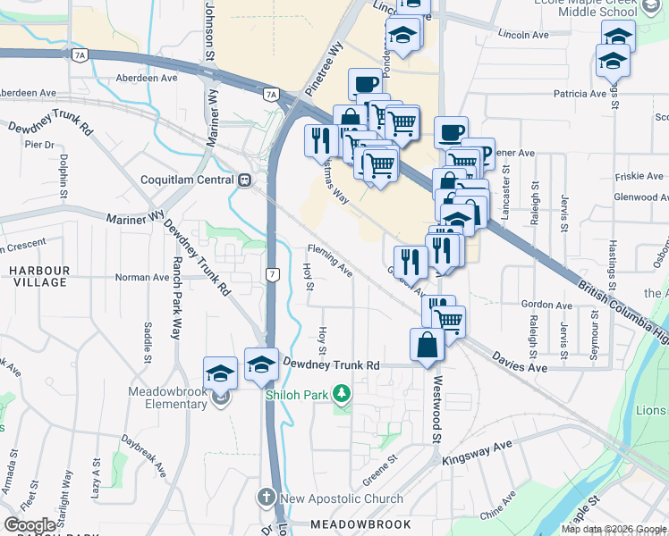 map of restaurants, bars, coffee shops, grocery stores, and more near 2978 Fleming Avenue in Coquitlam