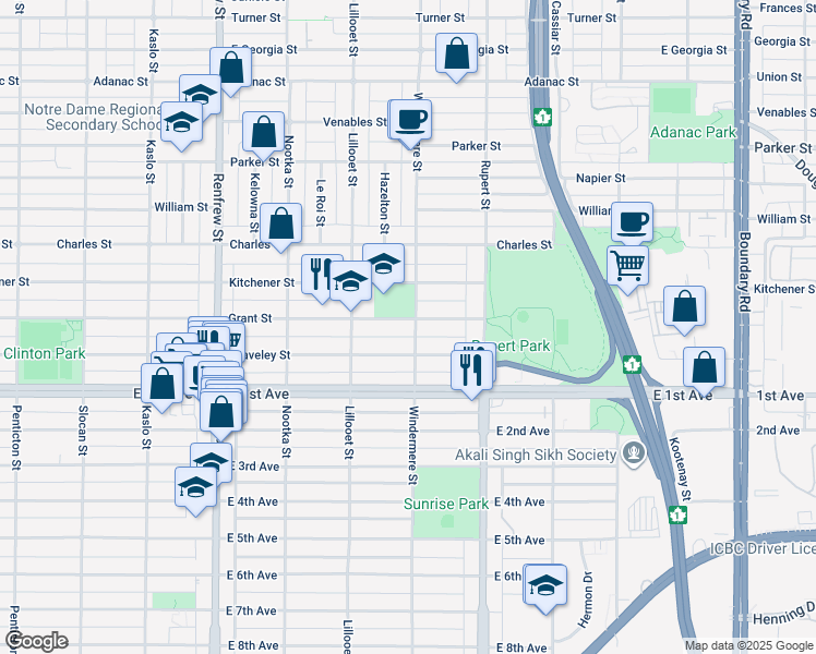 map of restaurants, bars, coffee shops, grocery stores, and more near 3190 Grant Street in Vancouver
