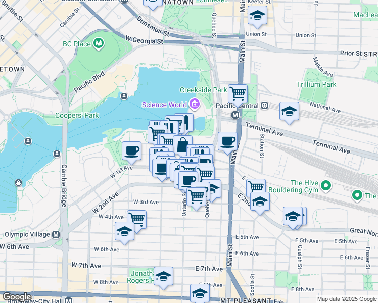 map of restaurants, bars, coffee shops, grocery stores, and more near 75 East 1st Avenue in Vancouver