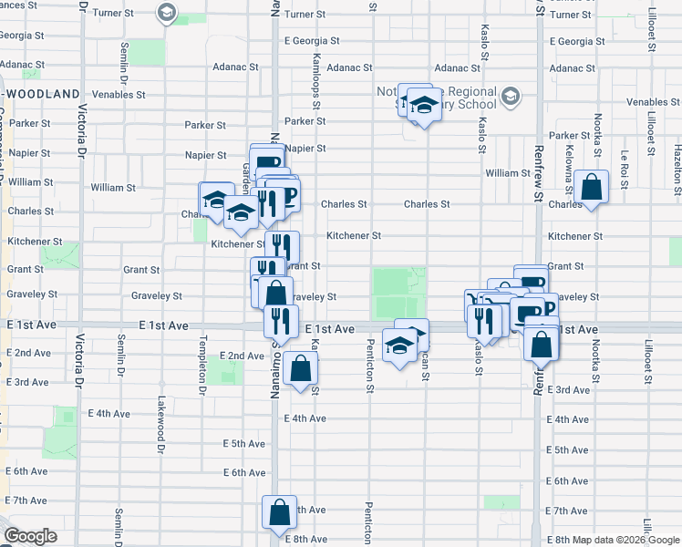 map of restaurants, bars, coffee shops, grocery stores, and more near 2544 Grant Street in Vancouver
