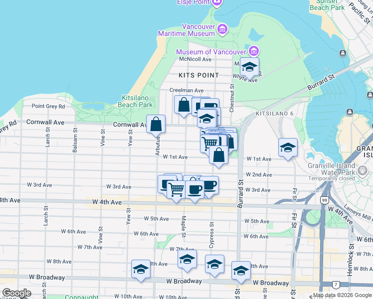 map of restaurants, bars, coffee shops, grocery stores, and more near 1614 Maple Street in Vancouver