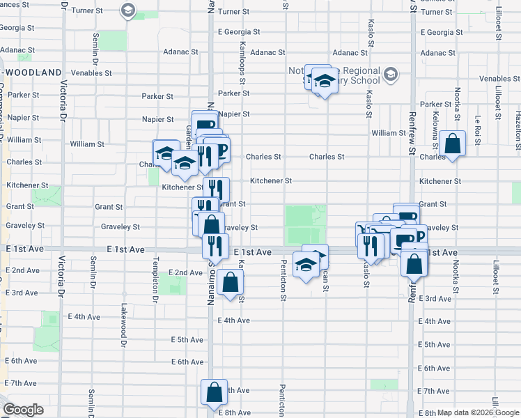 map of restaurants, bars, coffee shops, grocery stores, and more near 2542 Grant Street in Vancouver