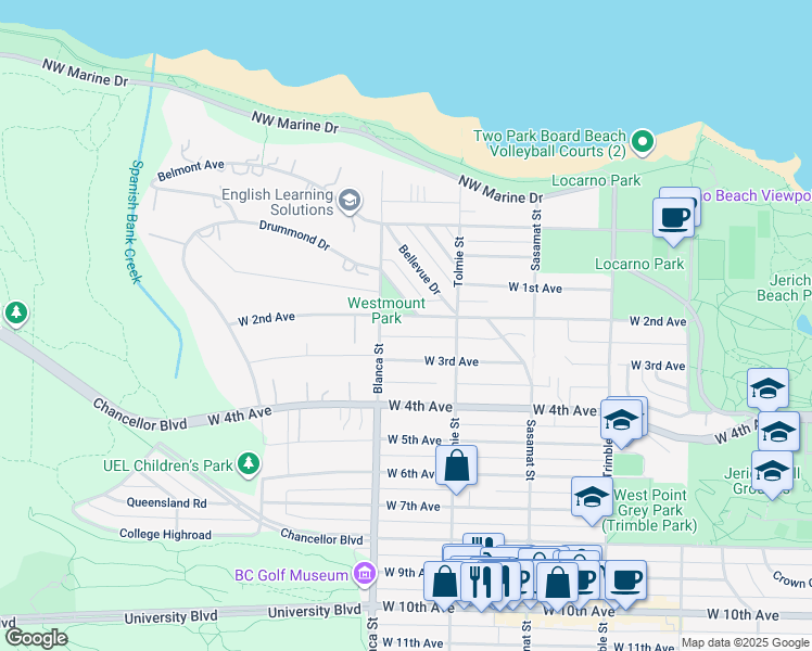 map of restaurants, bars, coffee shops, grocery stores, and more near 4650 West 2nd Avenue in Vancouver