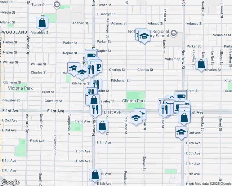 map of restaurants, bars, coffee shops, grocery stores, and more near 2544 Grant Street in Vancouver