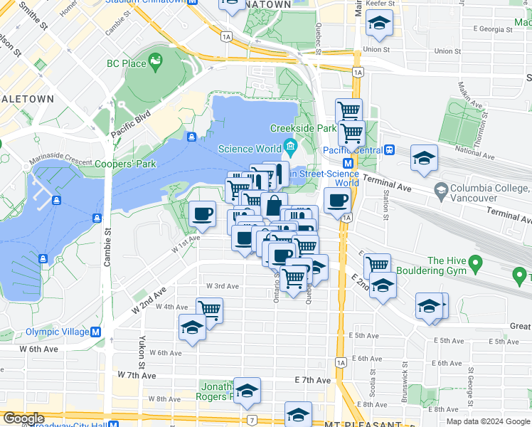 map of restaurants, bars, coffee shops, grocery stores, and more near 1633 Ontario Street in Vancouver