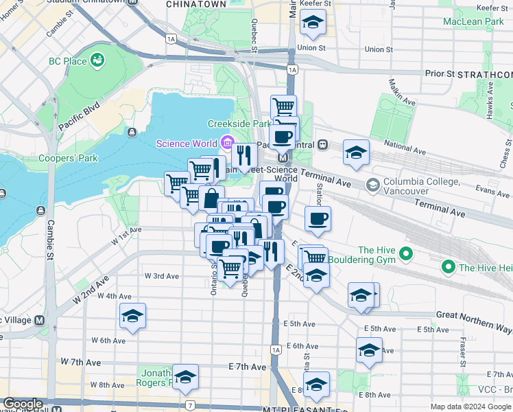 map of restaurants, bars, coffee shops, grocery stores, and more near 113 Switchmen Street in Vancouver