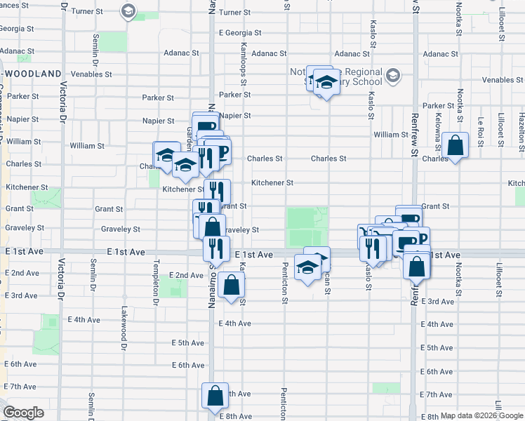 map of restaurants, bars, coffee shops, grocery stores, and more near in Vancouver