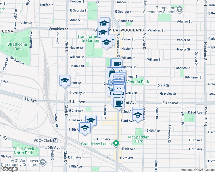 map of restaurants, bars, coffee shops, grocery stores, and more near in Vancouver