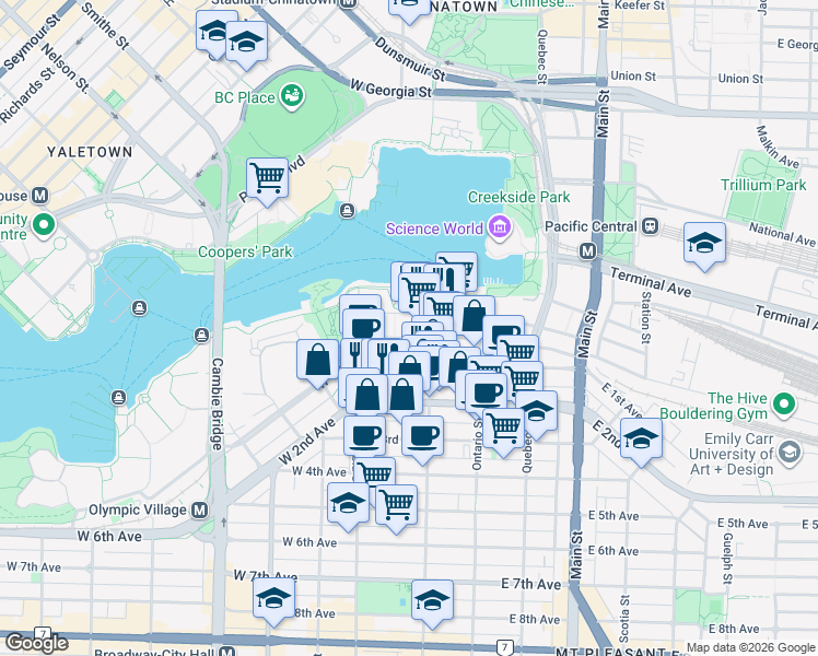 map of restaurants, bars, coffee shops, grocery stores, and more near in Vancouver